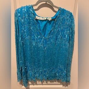 Vintage Lillie Rubin Turquoise Blue Sequin 100% Silk Blouse